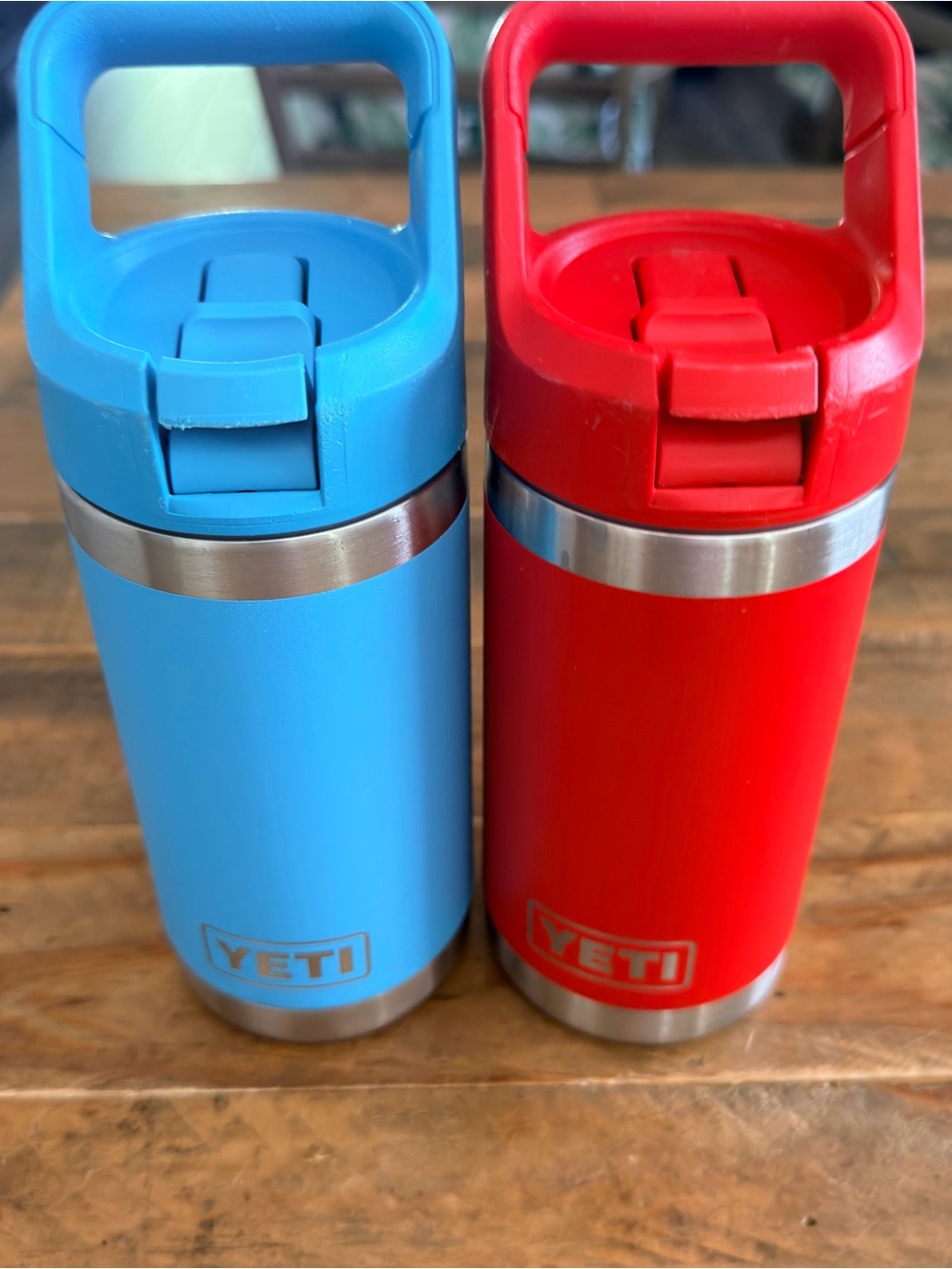 YETI Rambler Jr Kids 12 oz Water Bottles Lot 2 Red Blue Flip Straw Caps bundle